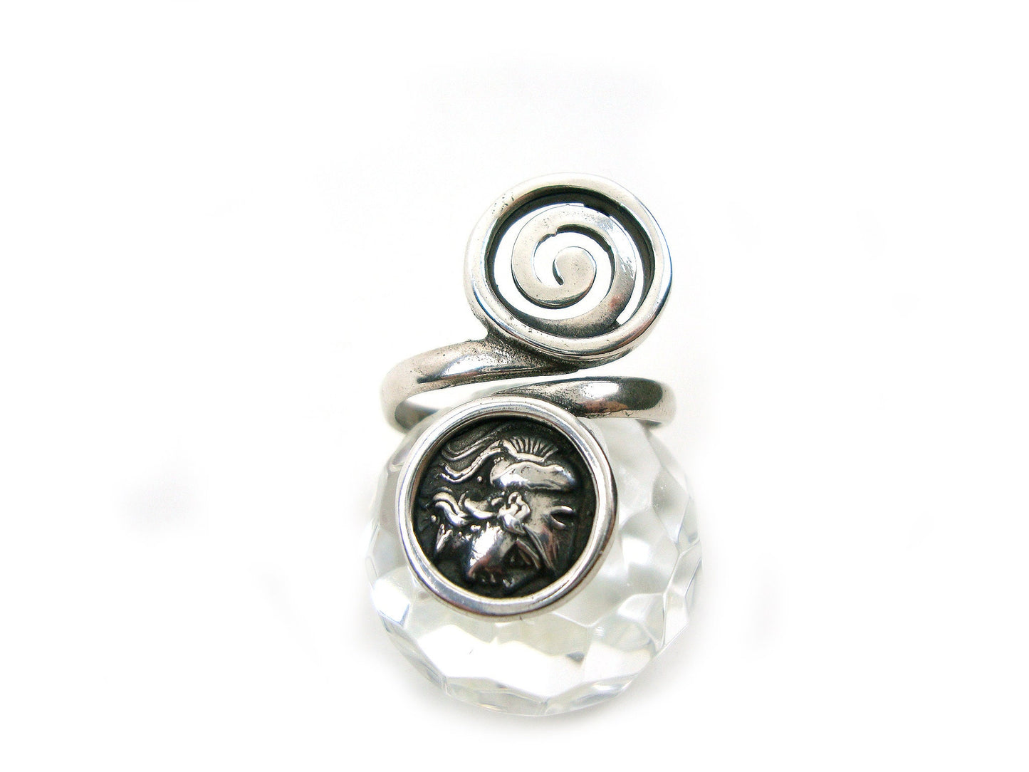 Sterling Silver 925 Ancient Greek Spiral Swirl Vortex 13mm& Goddess Athena Greek Coin 13mm Adjustable Ring, Greek Silver Ring, Greek Jewelry