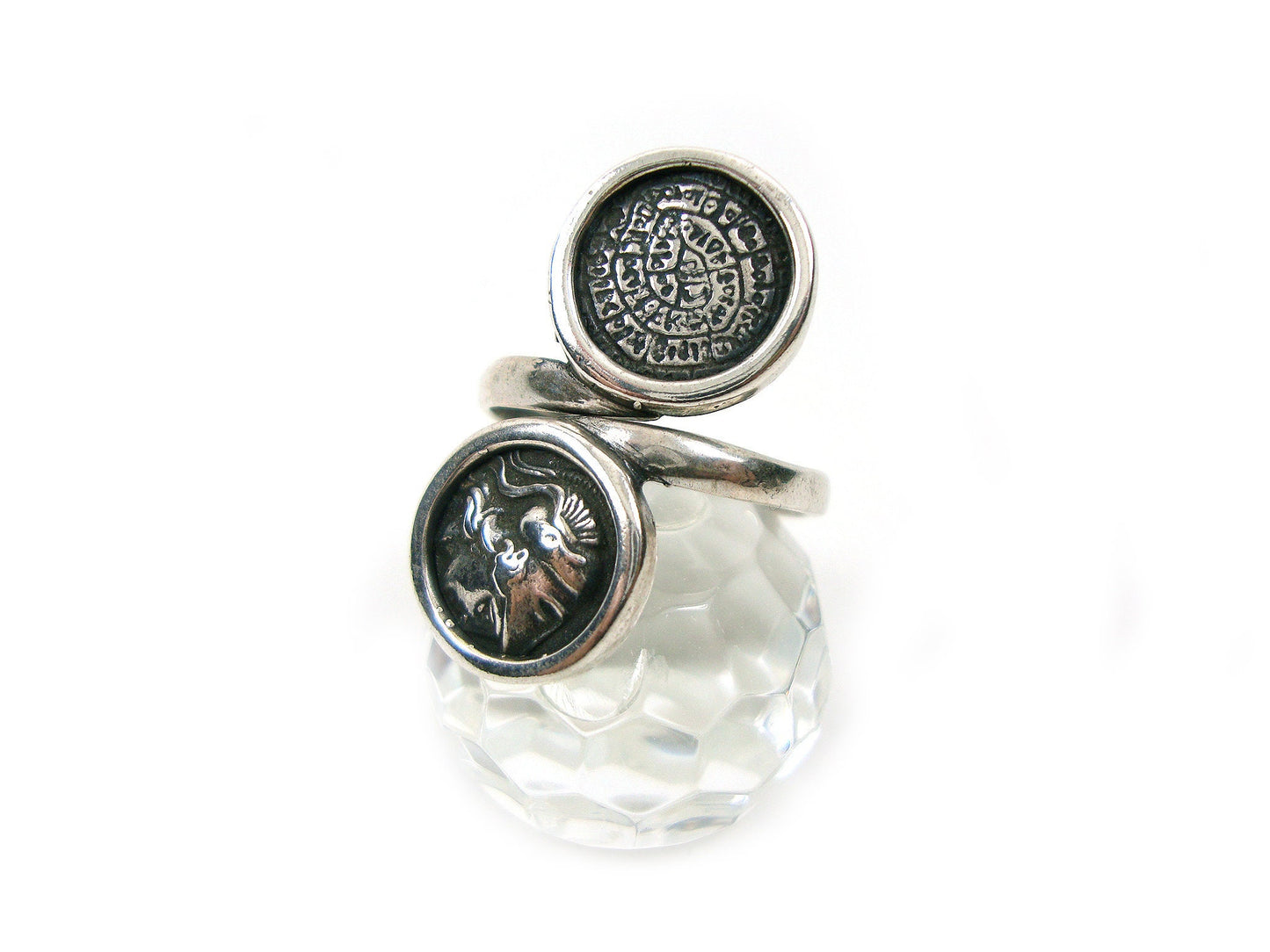 Sterling Silver 925 Phaistos Disc Greek Minoan 13mm & Goddess Athena Greek Coin 13mm Adjustable Ring, Greek Silver Ring, Greek Jewelry