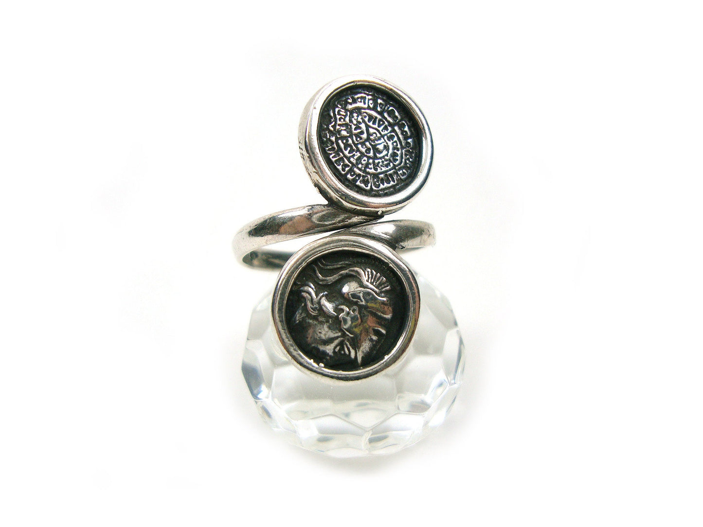 Sterling Silver 925 Phaistos Disc Greek Minoan 13mm & Goddess Athena Greek Coin 13mm Adjustable Ring, Greek Silver Ring, Greek Jewelry