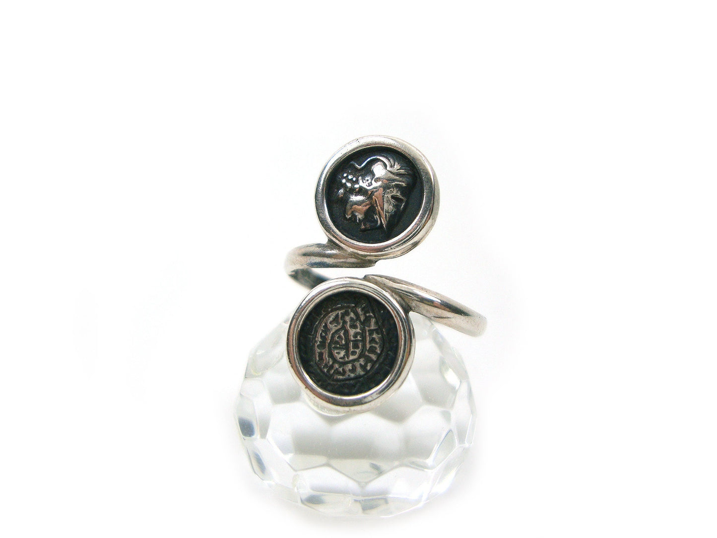 Sterling Silver 925 Phaistos Disc Greek Minoan 10mm & Goddess Athena Greek Coin 10mm Adjustable Ring, Greek Silver Ring, Greek Jewelry