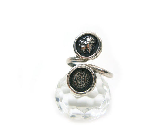 Sterling Silver 925 Phaistos Disc Greek Minoan 10mm & Goddess Athena Greek Coin 10mm Adjustable Ring, Greek Silver Ring, Greek Jewelry