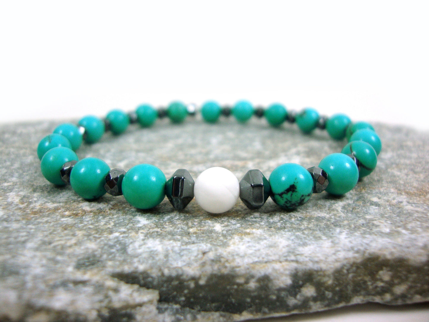 Natural Stones 6 mm Magnesite Onyx Bracelet, Turquoise Blue Stones Bracelet, Men Women Turquoise Bracelet, White Blue Stones Bracelet,