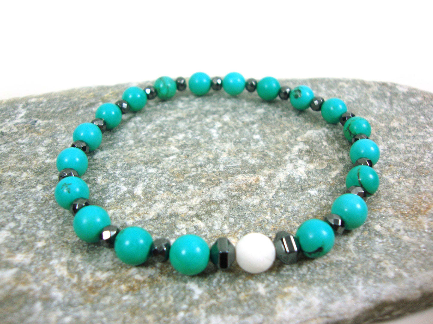 Natural Stones 6 mm Magnesite Onyx Bracelet, Turquoise Blue Stones Bracelet, Men Women Turquoise Bracelet, White Blue Stones Bracelet,