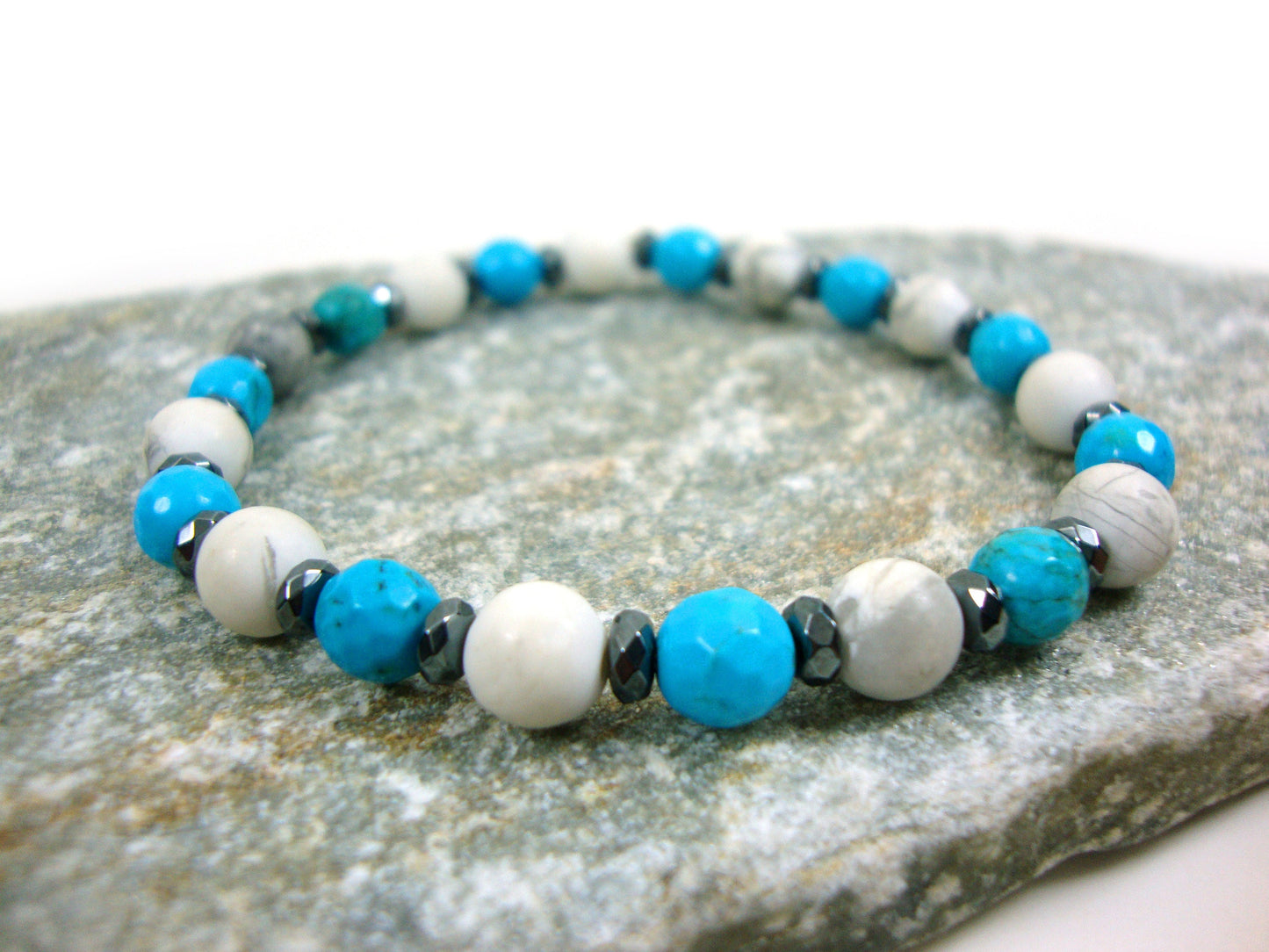 Natural Stones 6 mm Magnesite White Howlite Bracelet, Natural Stones Bracelet, Men Women Unisex Bracelet, White Blue White Stones Bracelet,