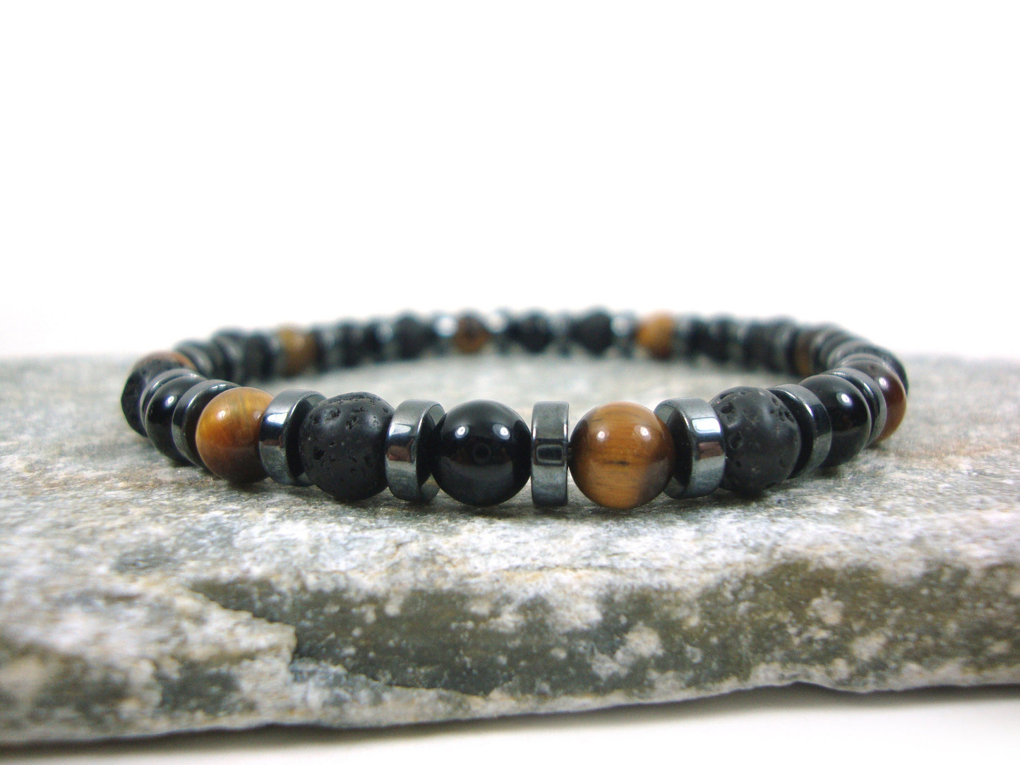 Natural Tiger Eye - Volcanic Santorini Lava - Black Onyx Stones 6mm, Lava Bracelet, Tiger Eye Bracelet, Onyx Bracelet, Santorini Greek Lava