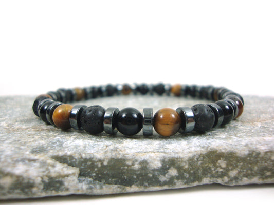 Natural Tiger Eye - Volcanic Santorini Lava - Black Onyx Stones 6mm, Lava Bracelet, Tiger Eye Bracelet, Onyx Bracelet, Santorini Greek Lava