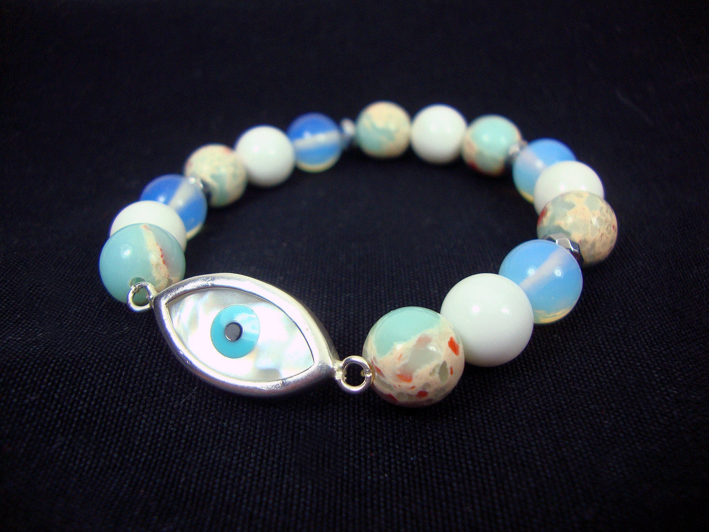 Sterling Silver 925 Evil Eye 12x23mm - Earth Blue Agate - Moonstone - White Onyx 10mm Stretch Bracelet,