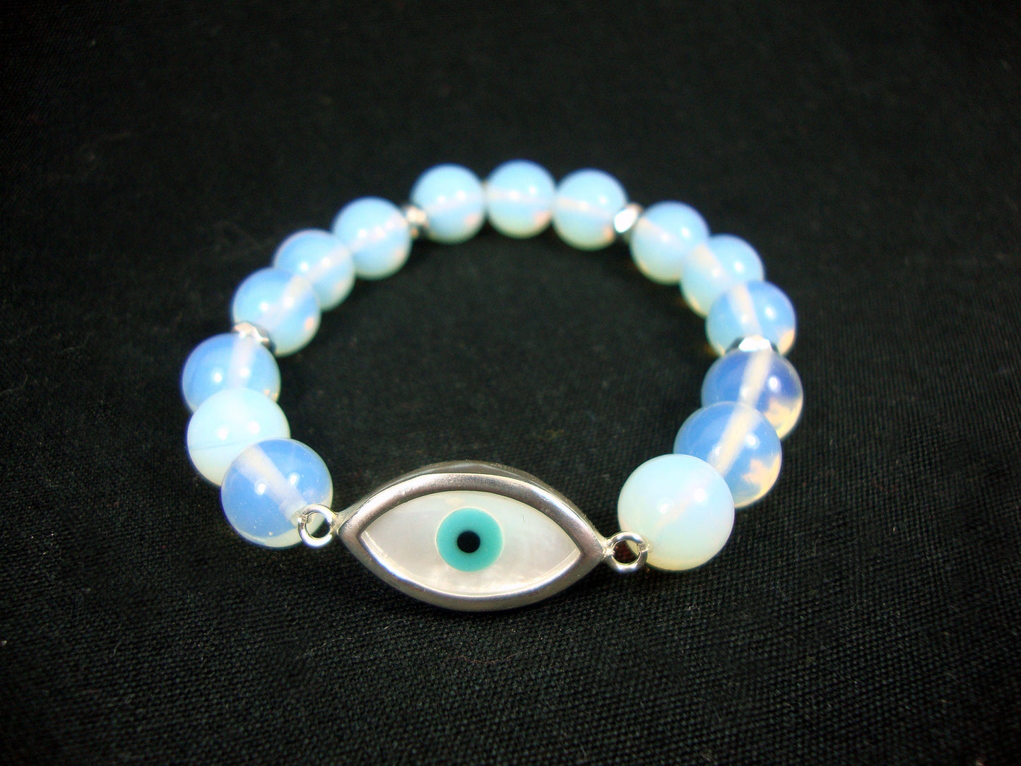 Sterling Silver 925 Evil Eye 12x23mm - Moonstone  10mm Stretch Greek Bracelet, Greek Evil Eye Bracelet, Evil Eye Bracelet, Greek Jewelry