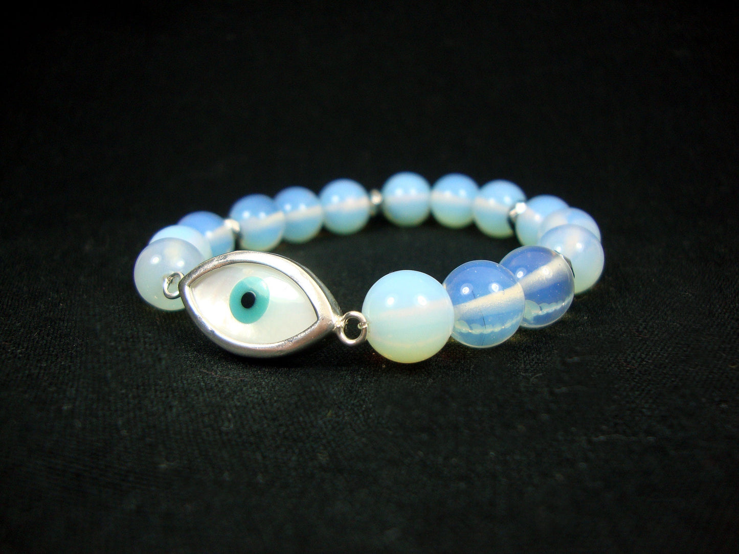 Sterling Silver 925 Evil Eye 12x23mm - Moonstone  10mm Stretch Greek Bracelet, Greek Evil Eye Bracelet, Evil Eye Bracelet, Greek Jewelry