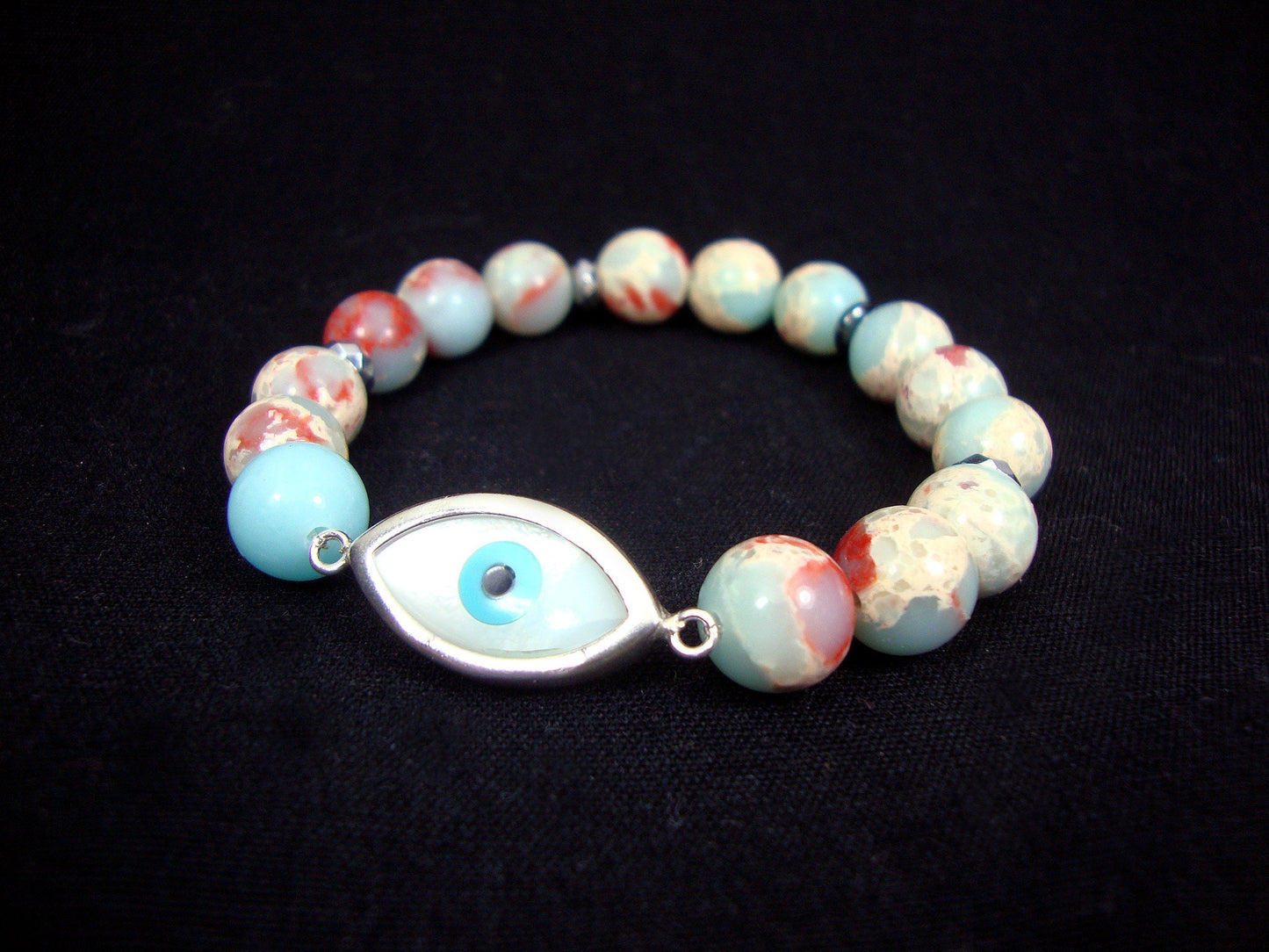 Sterling Silver 925 Evil Eye 12x23mm - Earth Blue Agate 10mm Stretch Bracelet, Greek Evil Eye Bracelet, Mati Bracelet, Blue Agate Bracelet