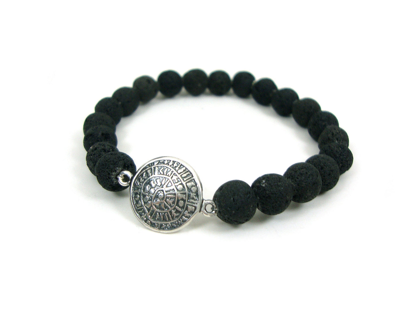 Santorini Greek Volcanic Rough Matt Lava Stones 8mm & Sterling Silver 925 Phaistos Disc 14mm Stretch Bracelet, Lava Bracelet, Santorini Lava