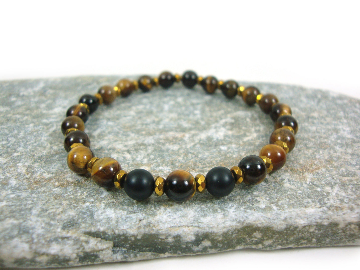 Natural Tiger Eye - Lava Stones 6mm - Gold Color Hematite Spacers Stretch Bracelet, Tiger Eye Bracelet, Tiger Eye Stones, Men Women Unisex