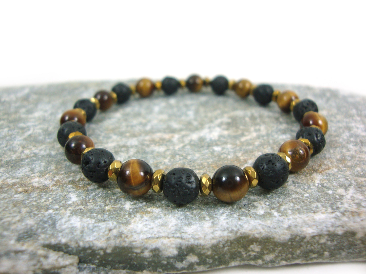 Natural Volcanic Lava - Tiger Eye Stones 6mm - Gold Color Hematite Spacers Stretch Bracelet, Tiger Eye Bracelet, Tiger Eye Stones, Santorini