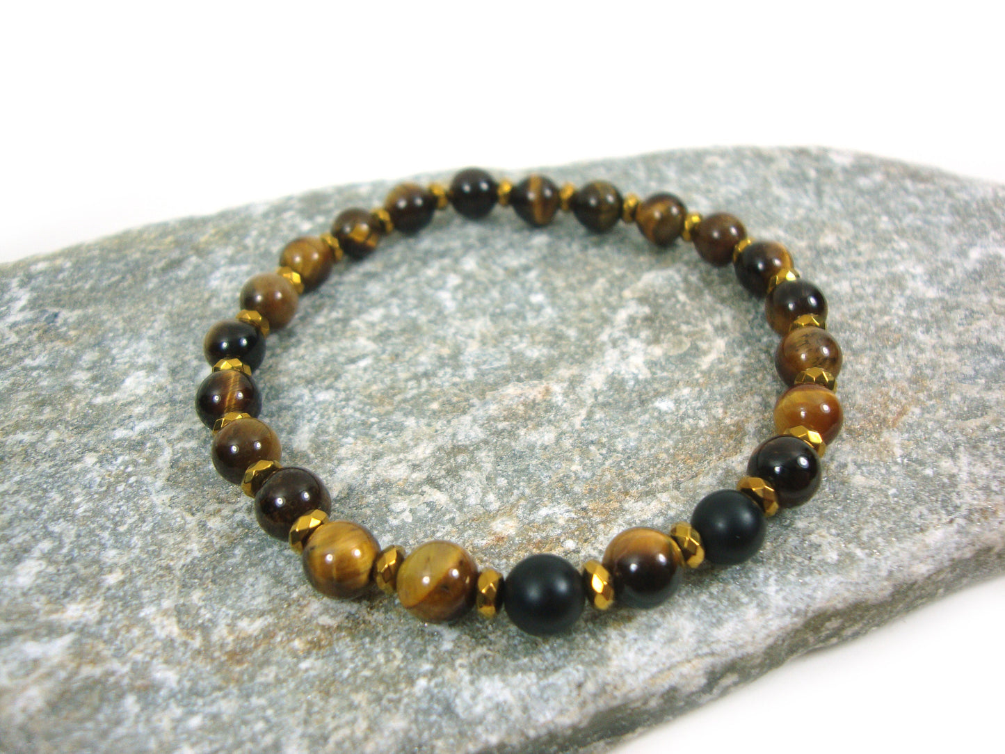 Natural Volcanic Lava - Tiger Eye Stones 6mm - Gold Color Hematite Spacers Stretch Bracelet, Tiger Eye Bracelet, Tiger Eye Stones, Santorini