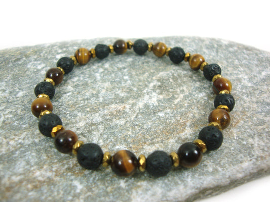 Natural Volcanic Lava - Tiger Eye Stones 6mm - Gold Color Hematite Spacers Stretch Bracelet, Tiger Eye Bracelet, Tiger Eye Stones, Santorini