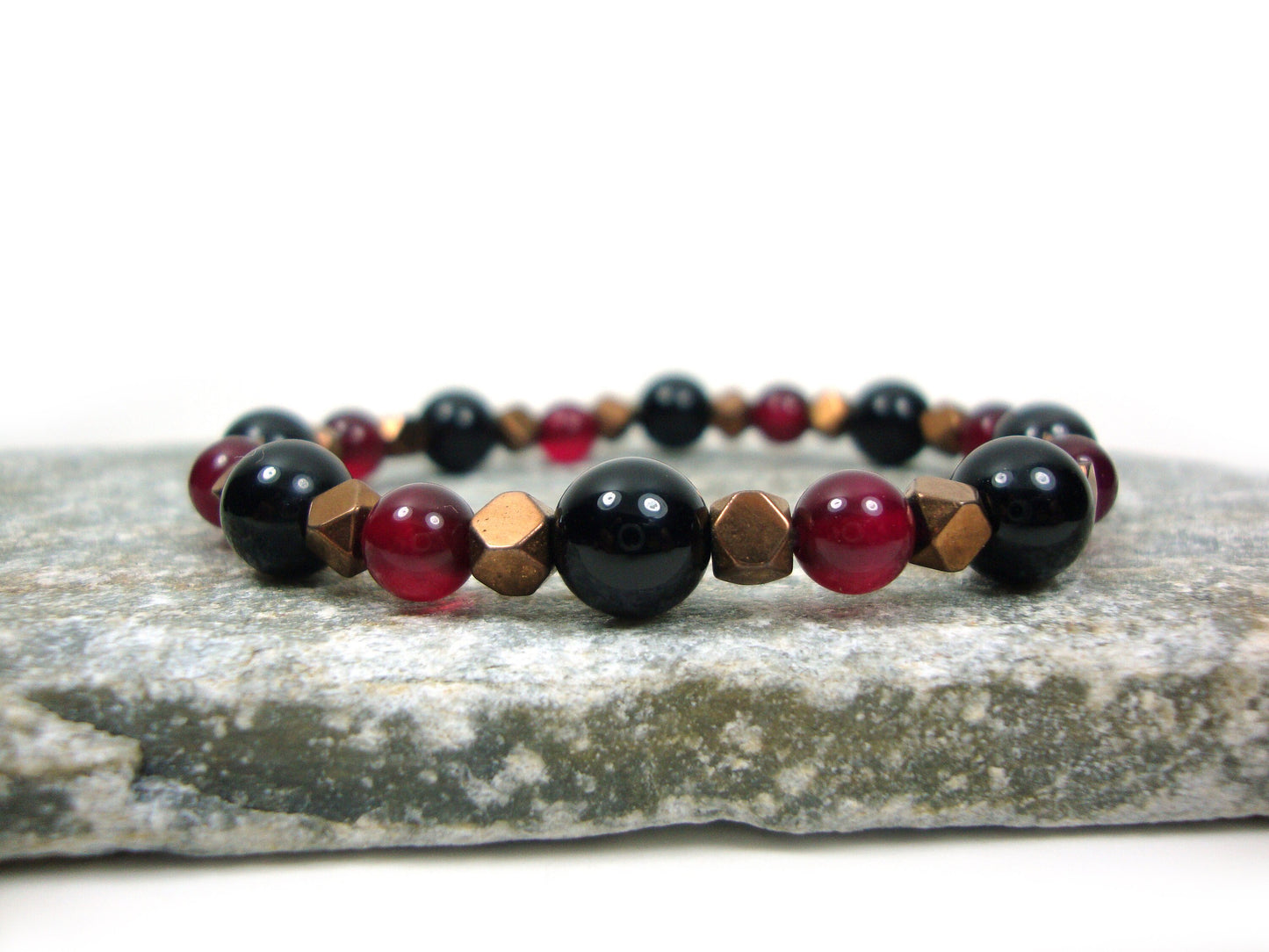 Natural Red Agate 6mm - Black Onyx 8mm - Hematite Bronze Color Stones Bracelet, Red Agate Bracelet, Black Onyx Bracelet, Red Agate Bracelet