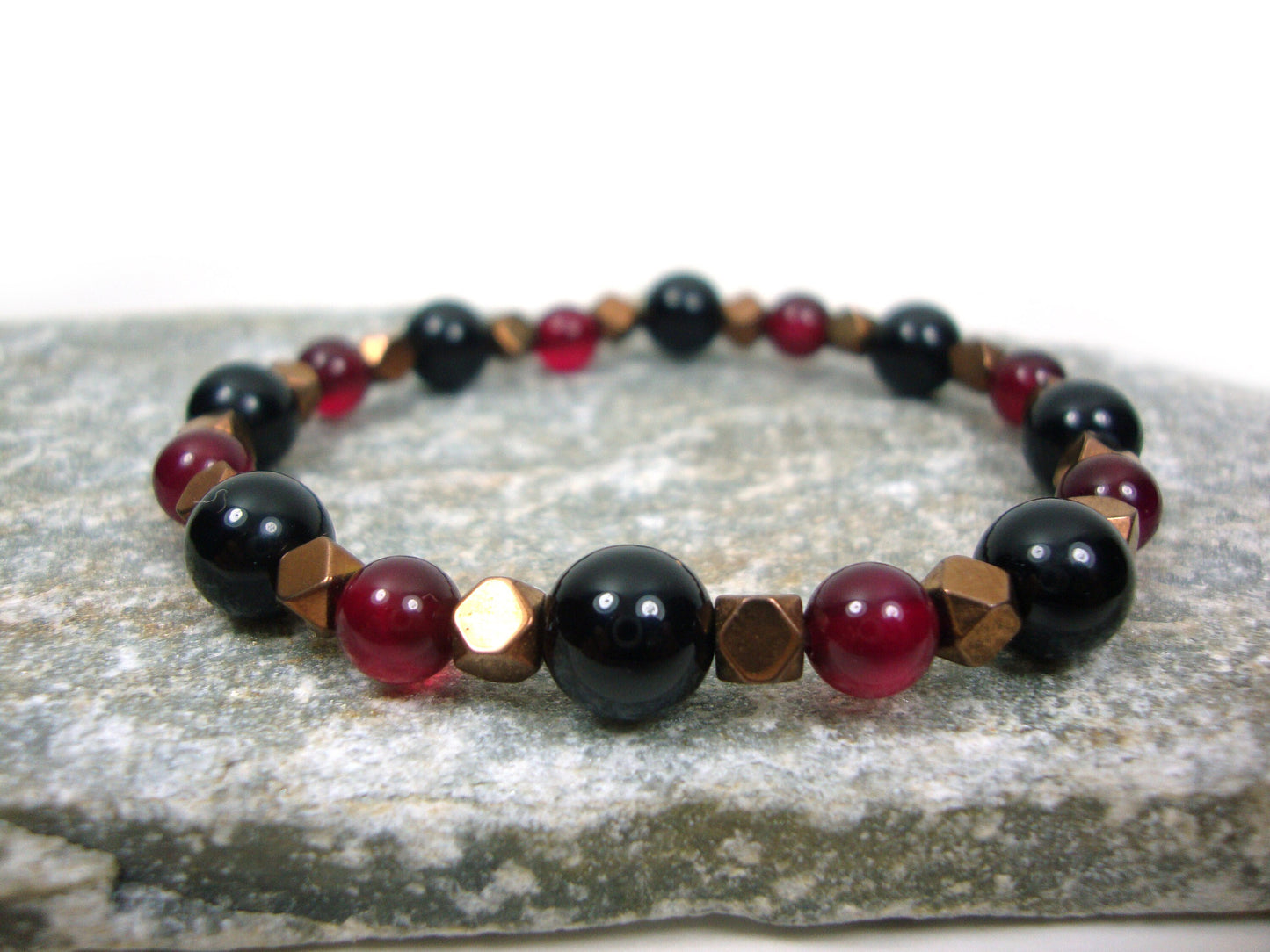 Natural Red Agate 6mm - Black Onyx 8mm - Hematite Bronze Color Stones Bracelet, Red Agate Bracelet, Black Onyx Bracelet, Red Agate Bracelet