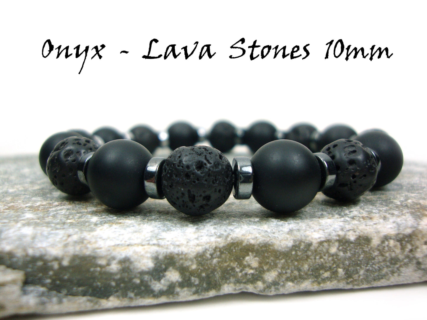 Natural Volacanic Santorini Greek Black Lava Stones, Black Matt Onyx Stones 10mm, Hematite Silver Color Stones Bracelet, Lava Bracelet
