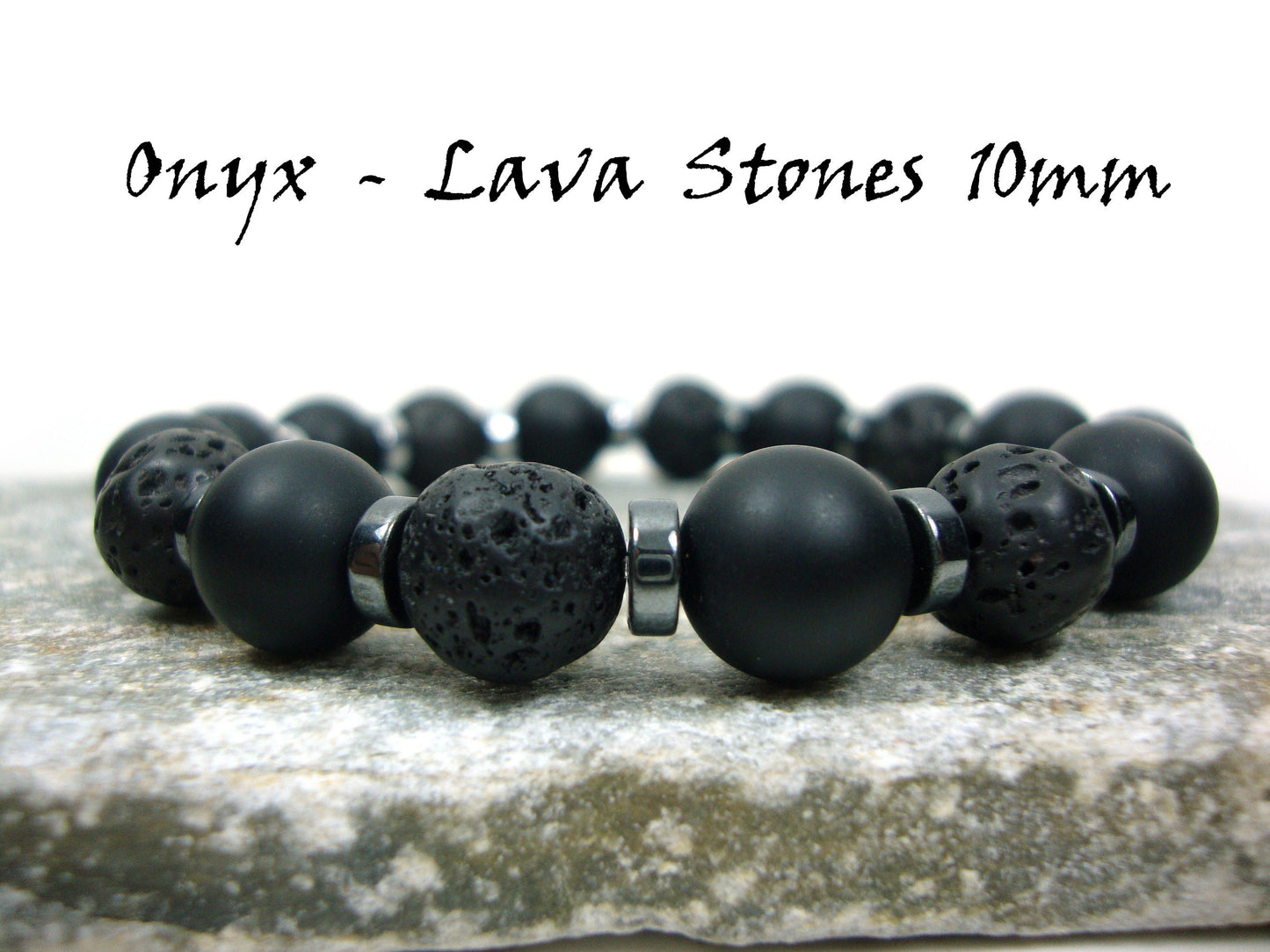 Natural Volacanic Santorini Greek Black Lava Stones, Black Matt Onyx Stones 10mm, Hematite Silver Color Stones Bracelet, Lava Bracelet