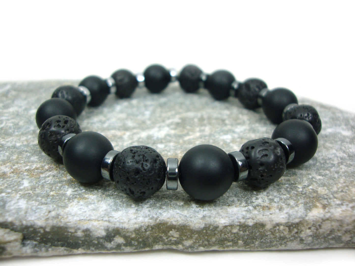 Natural Volacanic Santorini Greek Black Lava Stones, Black Matt Onyx Stones 10mm, Hematite Silver Color Stones Bracelet, Lava Bracelet