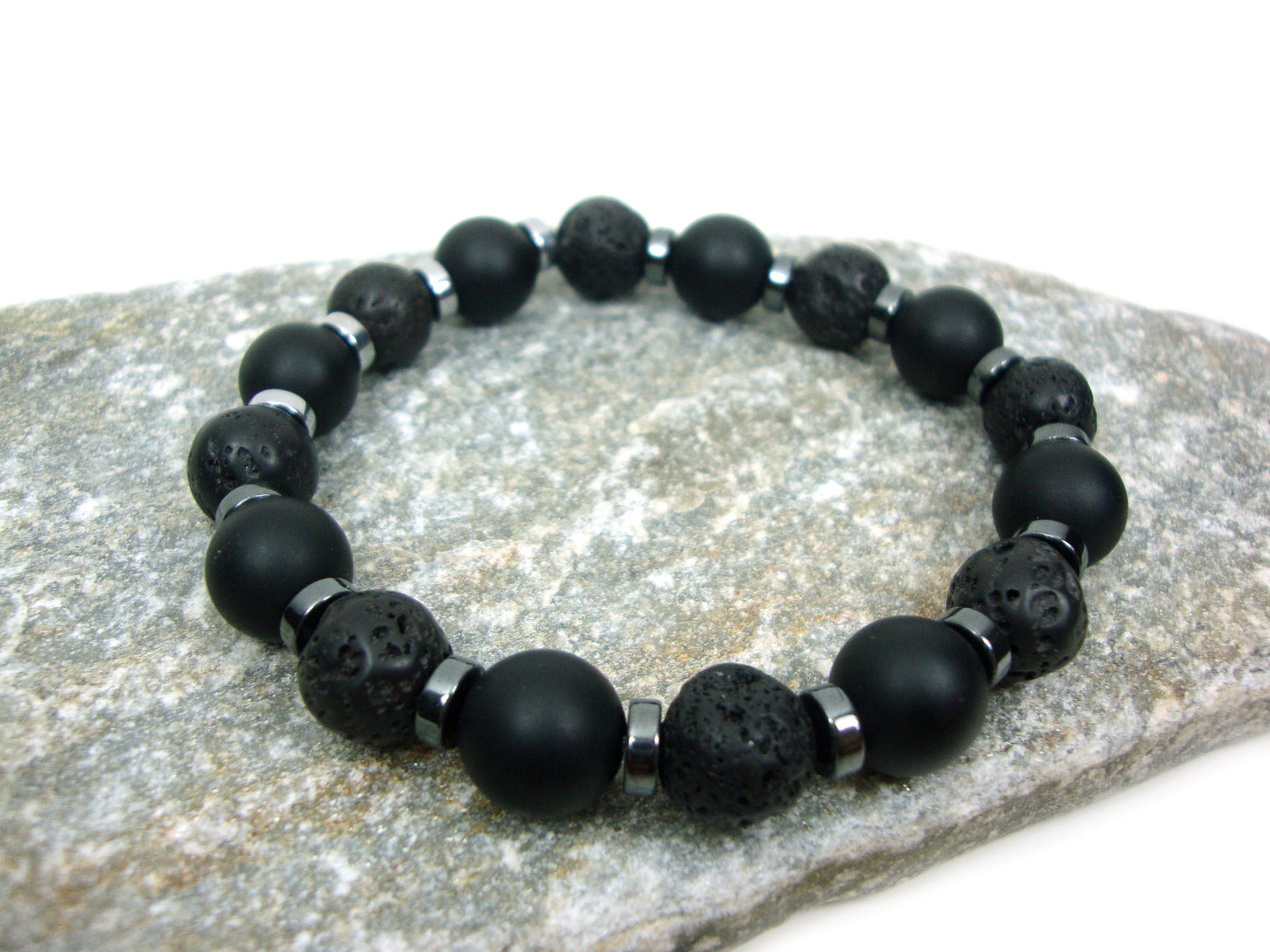 Natural Volacanic Santorini Greek Black Lava Stones, Black Matt Onyx Stones 10mm, Hematite Silver Color Stones Bracelet, Lava Bracelet