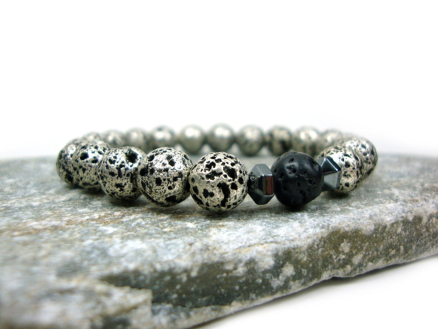 Natural Volcanic Greek Santorini Island Lava Stones 8mm Bracelet, Black - Silver Color Lava Stones, Lava Bracelet, Mens Womens Lava Bracelet