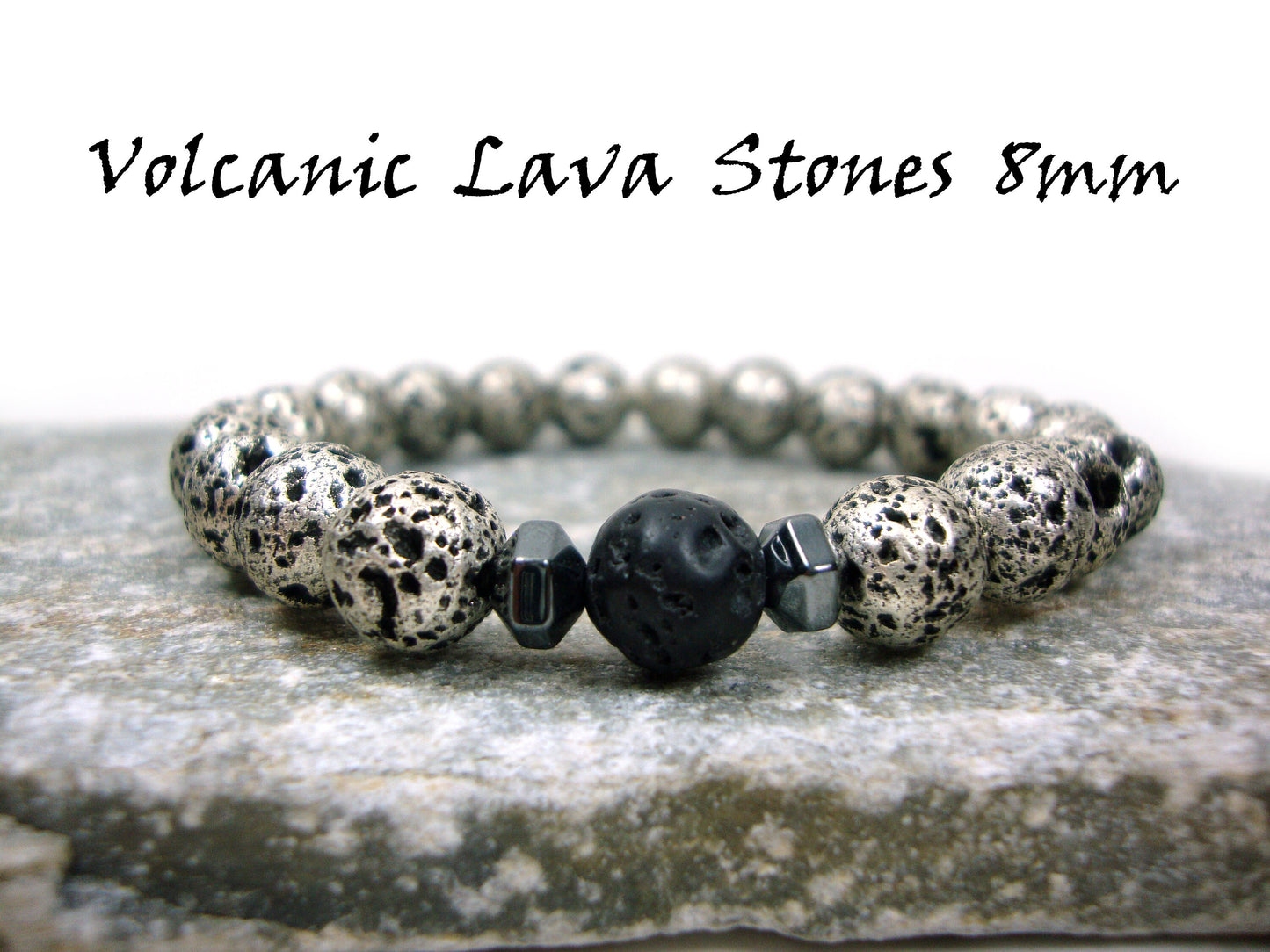 Natural Volcanic Greek Santorini Island Lava Stones 8mm Bracelet, Black - Silver Color Lava Stones, Lava Bracelet, Mens Womens Lava Bracelet