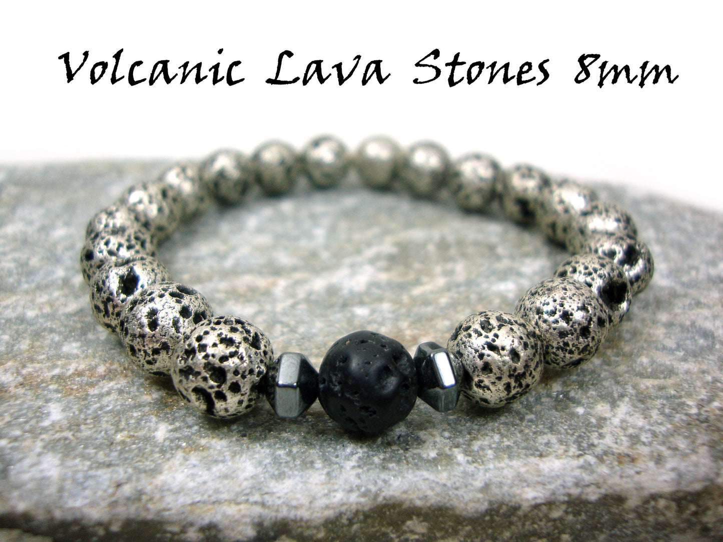 Natural Volcanic Greek Santorini Island Lava Stones 8mm Bracelet, Black - Silver Color Lava Stones, Lava Bracelet, Mens Womens Lava Bracelet