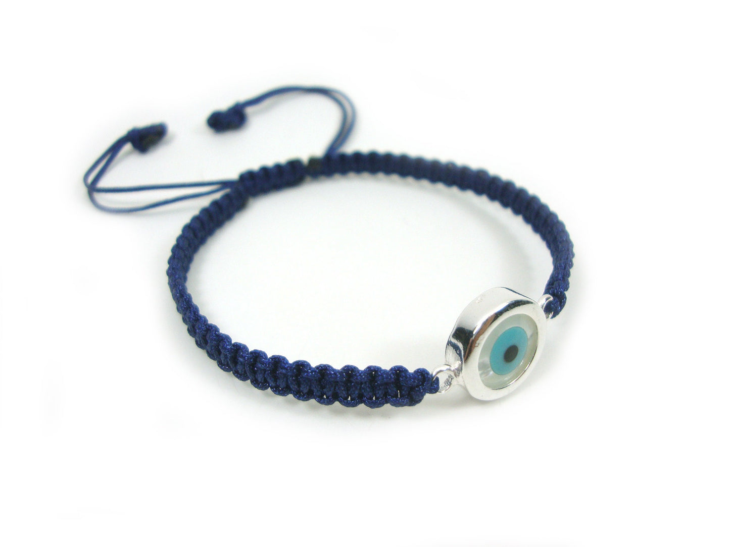Sterling Silver 925 Greek Evil Eye Mati Good Luck 10mm Handmade Adjustable Macrame Blue Bracelet, Griechische Silber Armband, Bijoux Grecque