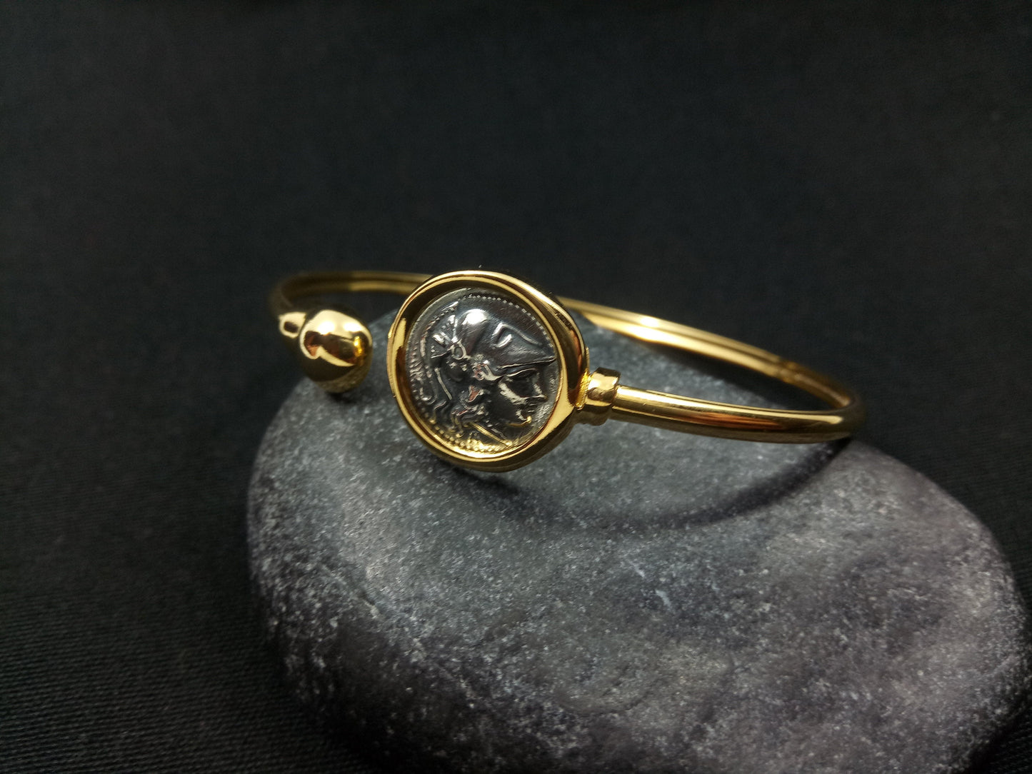 Sterling Silver 925 Goddess Athena Gold Plated 22K Bitone Bangle Greek Coin Bracelet, Greek Silver Bracelet, Alexander The Great Bracelet