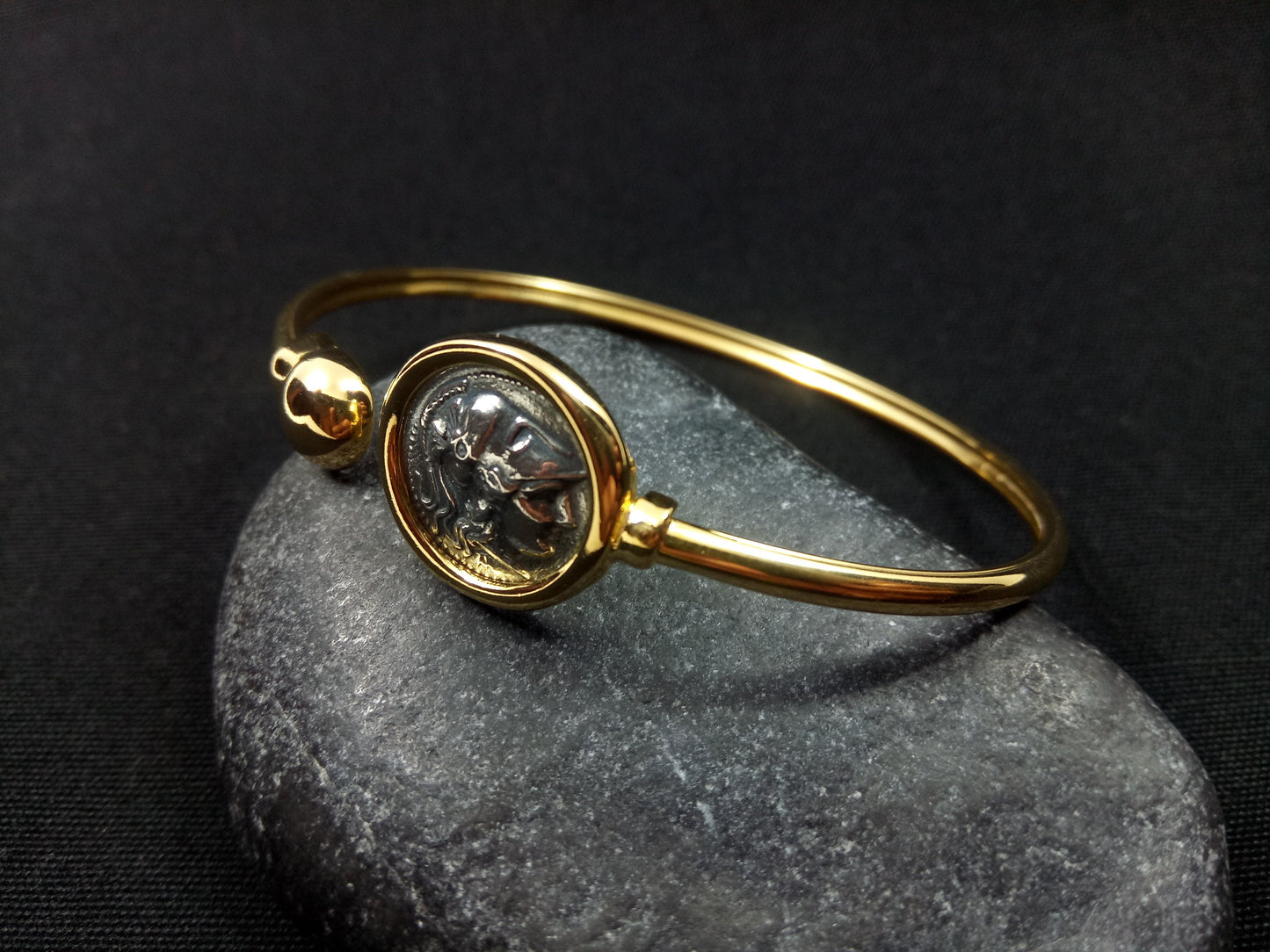 Sterling Silver 925 Goddess Athena Gold Plated 22K Bitone Bangle Greek Coin Bracelet, Greek Silver Bracelet, Alexander The Great Bracelet