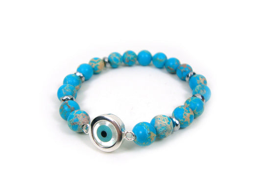 Sterling Silver 925 Evil Eye Mother Pearl - Blue Earth Agate 8mm , Greek Silver Evil Eye Men Women Bracelet, Evil Eye Bracelet, Evil Eye