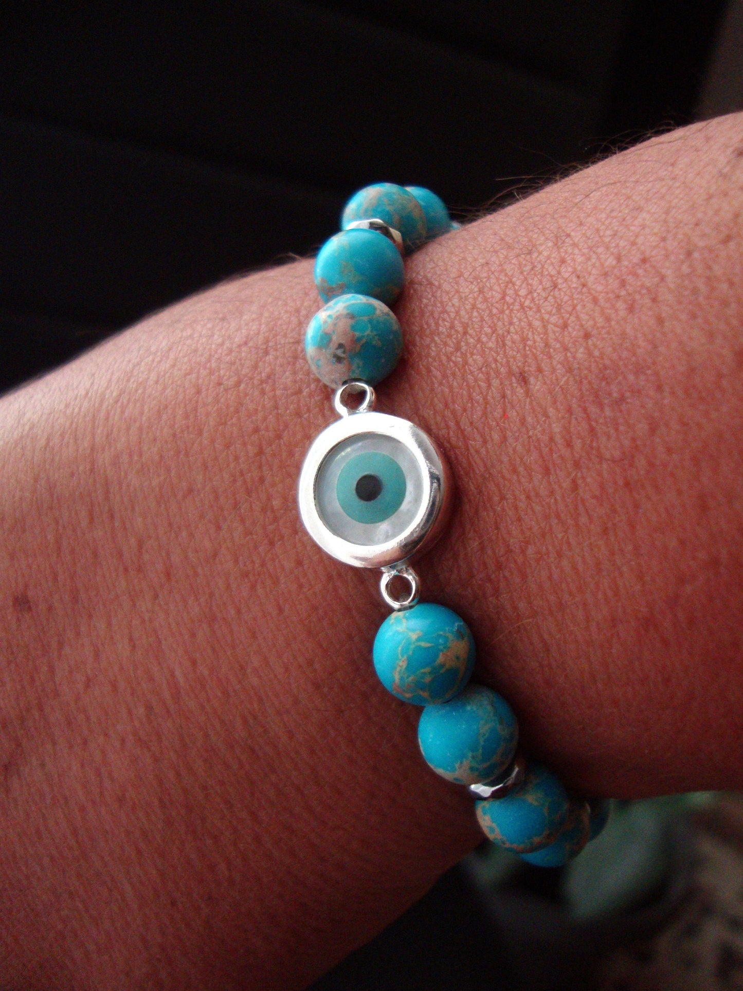 Sterling Silver 925 Evil Eye Mother Pearl - Blue Earth Agate 8mm , Greek Silver Evil Eye Men Women Bracelet, Evil Eye Bracelet, Evil Eye