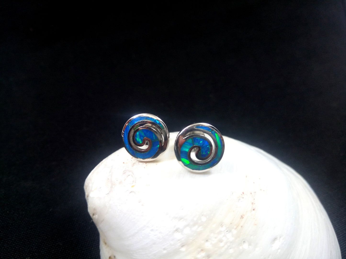 Sterling Silver 925 Greek Spiral Fire Blue Opal Stud Earrings 10mm, Greek Opal Spiral Earrings, Greek Jewelry, Griechischer Opal Ohrringe