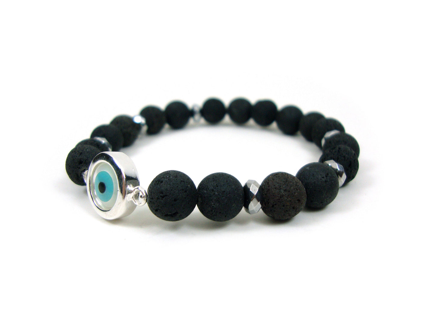 Sterling Silver 925 Evil Eye Mother Pearl - Santorini Volcanic Lava Stones 8mm , Greek Silver Evil Eye Men Women Bracelet, Evil Eye Bracelet