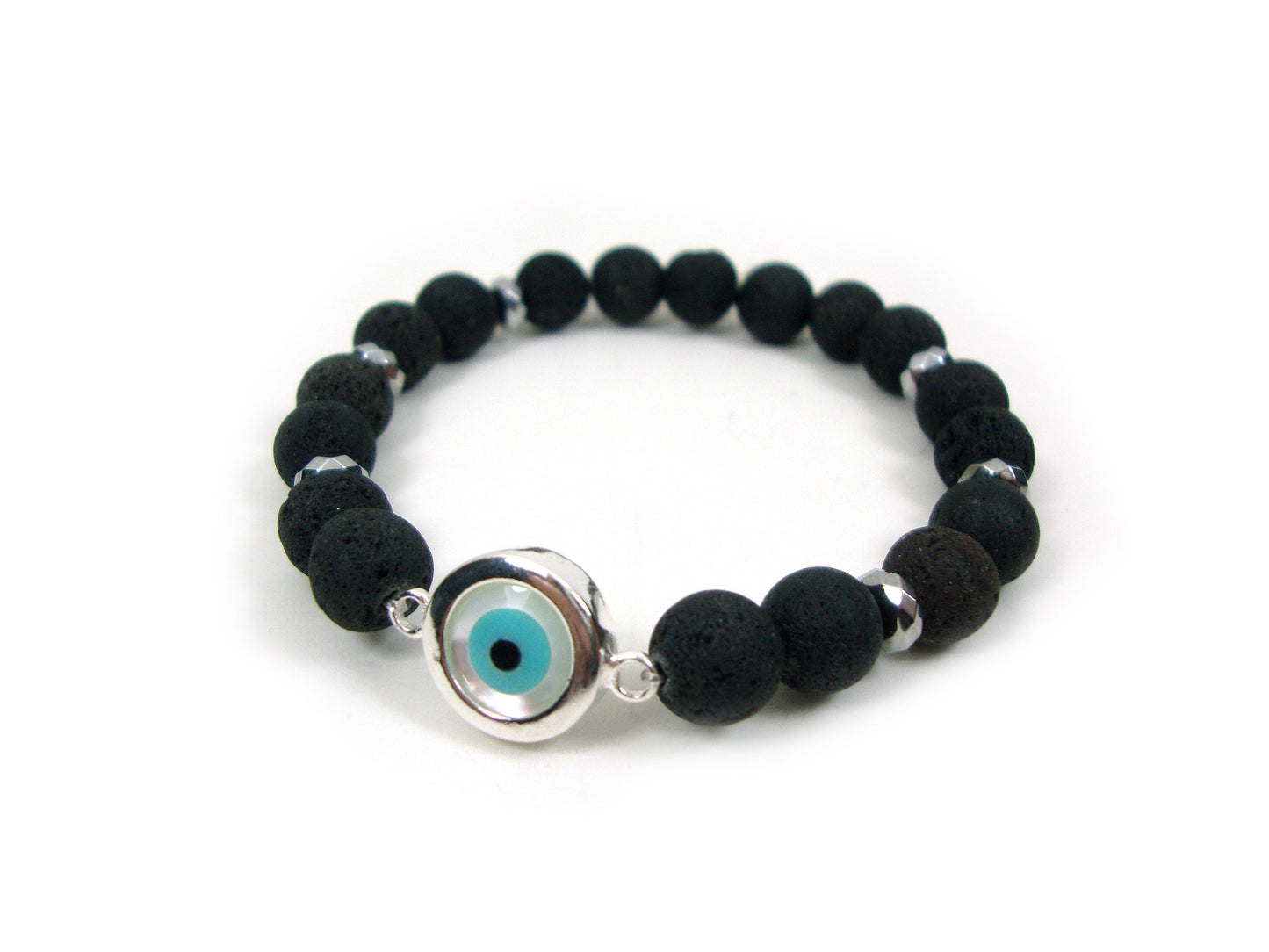 Sterling Silver 925 Evil Eye Mother Pearl - Santorini Volcanic Lava Stones 8mm , Greek Silver Evil Eye Men Women Bracelet, Evil Eye Bracelet