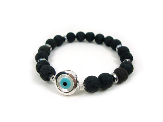 Sterling Silver 925 Evil Eye Mother Pearl - Santorini Volcanic Lava Stones 8mm , Greek Silver Evil Eye Men Women Bracelet, Evil Eye Bracelet