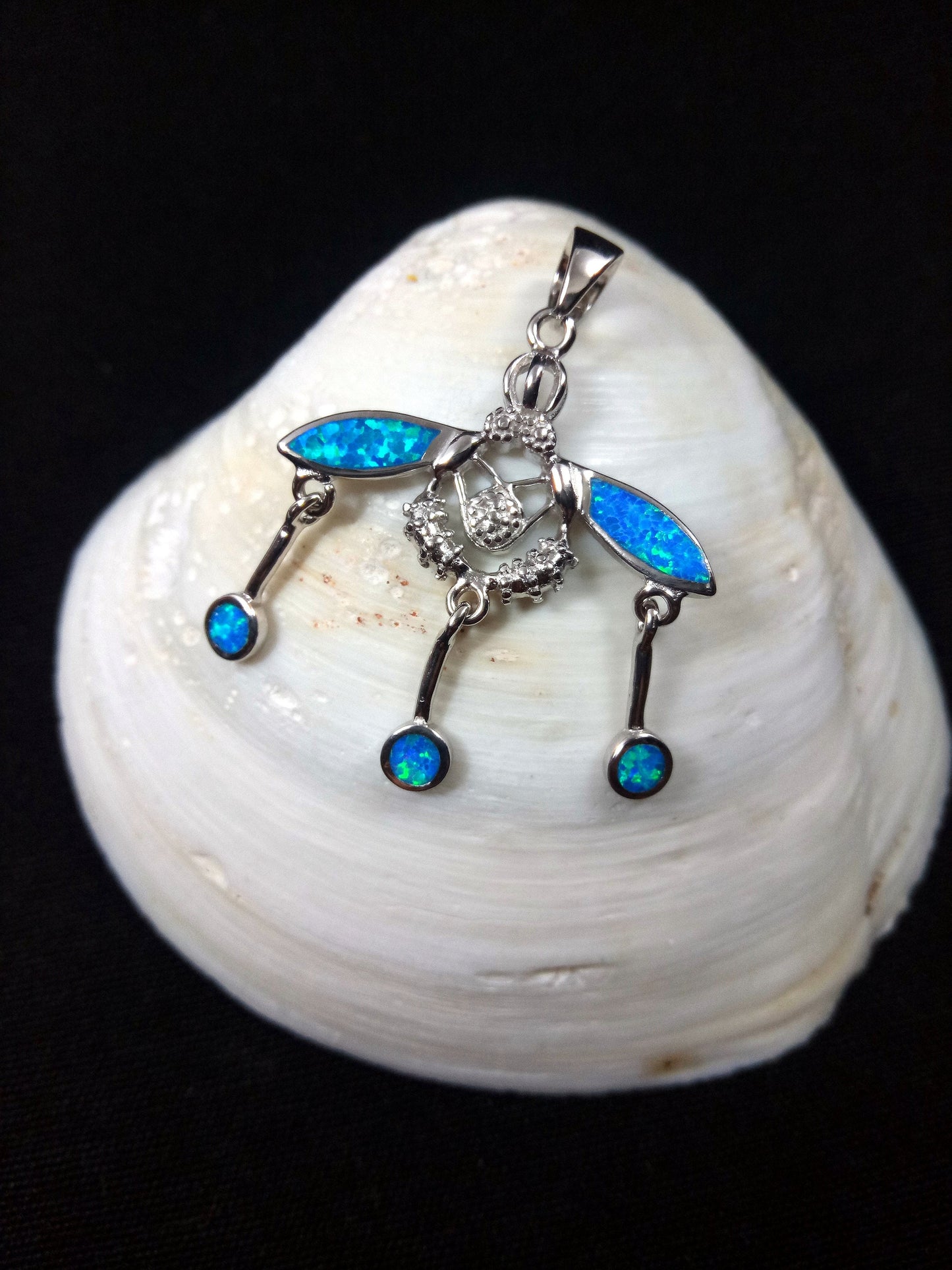 Greek Crete Minoan Blue Opal Malia Bees Silver Pendant 28x29mm
