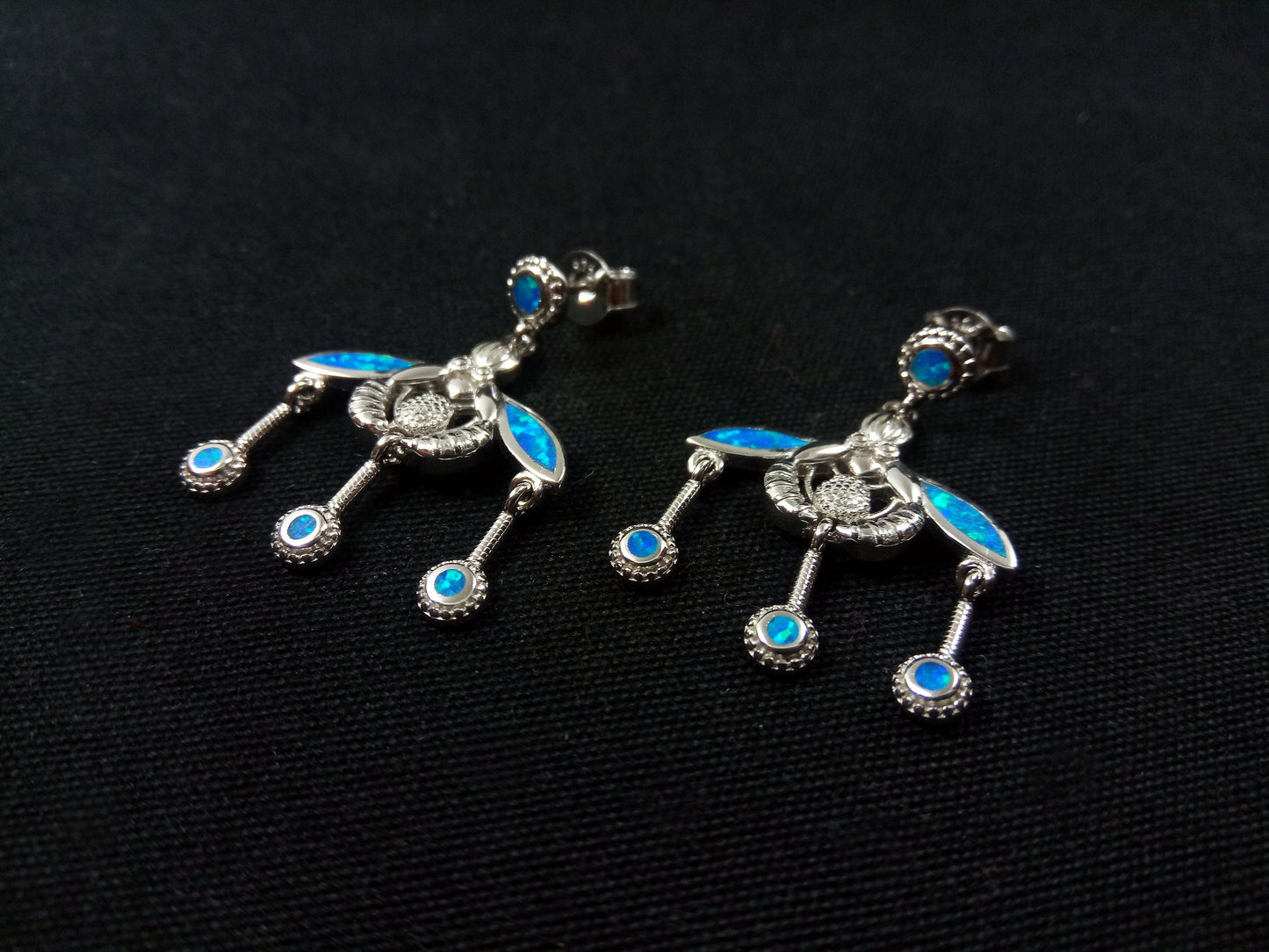 Sterling Silver 925 Ancient Greek Malia Minoan Bees Fire Rainbow Blue Opal Dangle Earrings 22x30mm, Greek Opal Earrings, Bijoux Grecque