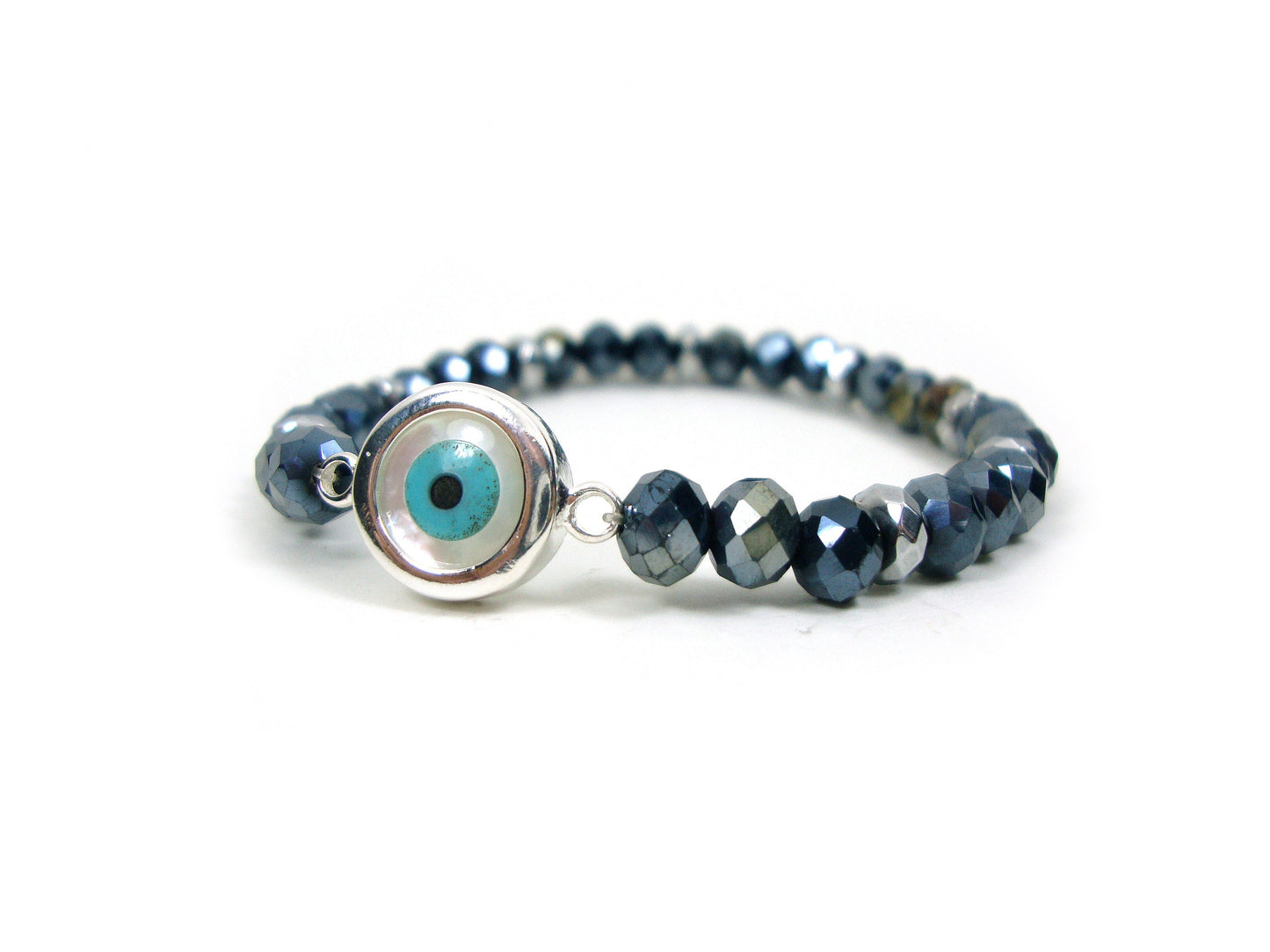Sterling Silver 925 Evil Eye Mother Pearl - Black Crystal Stones 6mm , Greek Silver Evil Eye Men Women Bracelet, Evil Eye Bracelet, Mati