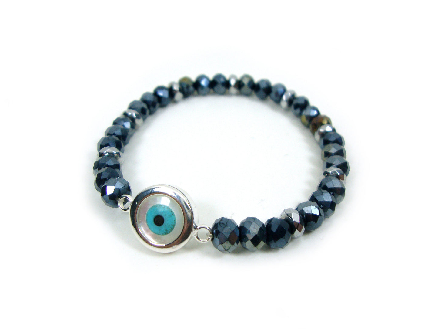 Sterling Silver 925 Evil Eye Mother Pearl - Black Crystal Stones 6mm , Greek Silver Evil Eye Men Women Bracelet, Evil Eye Bracelet, Mati
