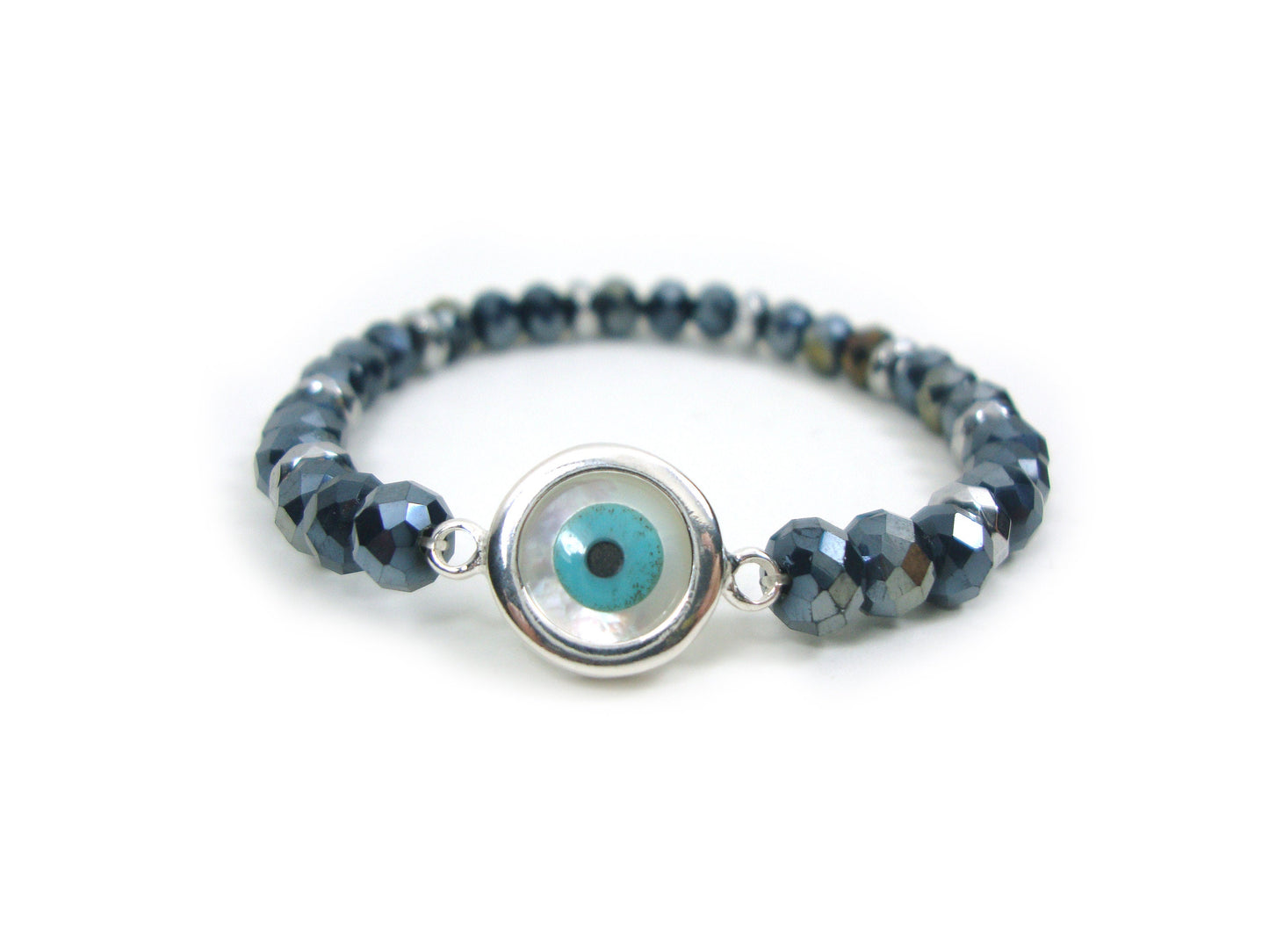 Sterling Silver 925 Evil Eye Mother Pearl - Black Crystal Stones 6mm , Greek Silver Evil Eye Men Women Bracelet, Evil Eye Bracelet, Mati