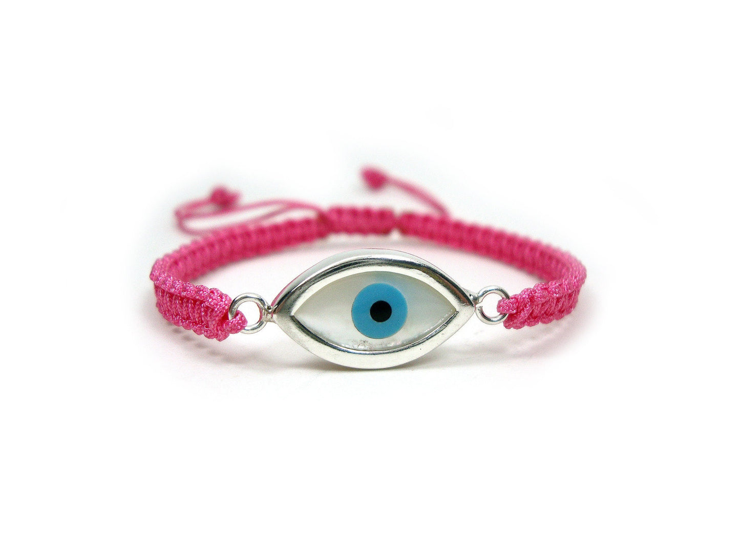 Sterling Silver 925 Greek Evil Eye Shape Good Luck 10mm Handmade Adjustable Macrame Pink Bracelet , Griechisches Armband, Bijoux Grecque