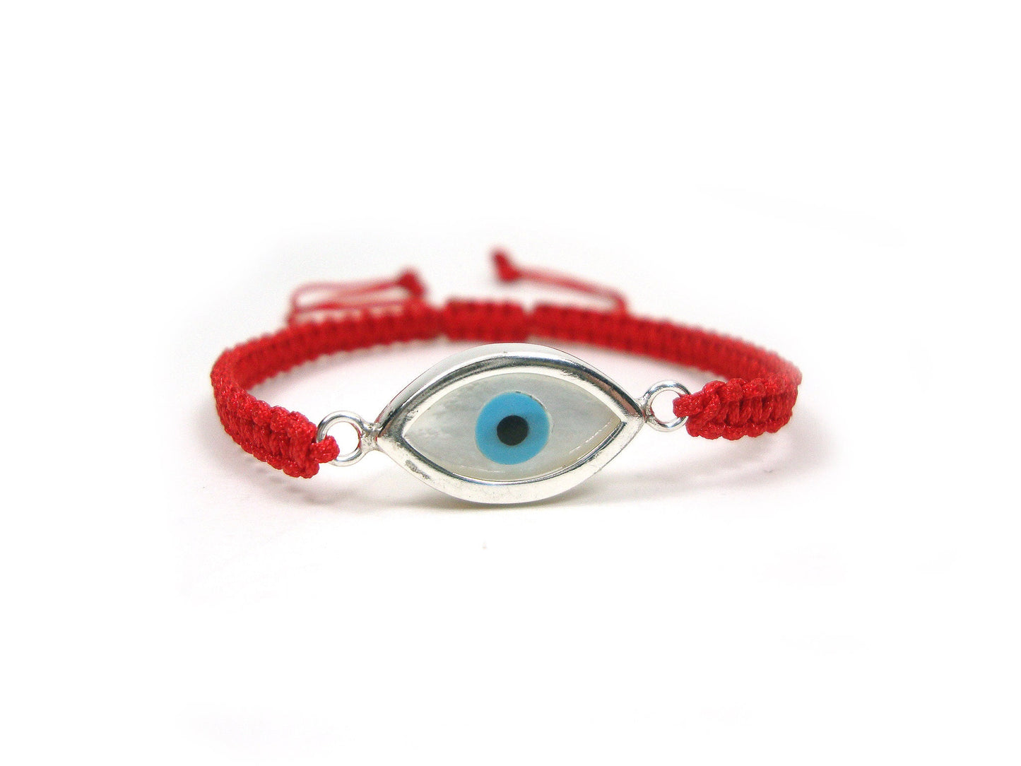 Sterling Silver 925 Greek Evil Eye Shape Good Luck 10mm Handmade Adjustable Macrame Red Bracelet , Griechisches Armband, Bijoux Grecque