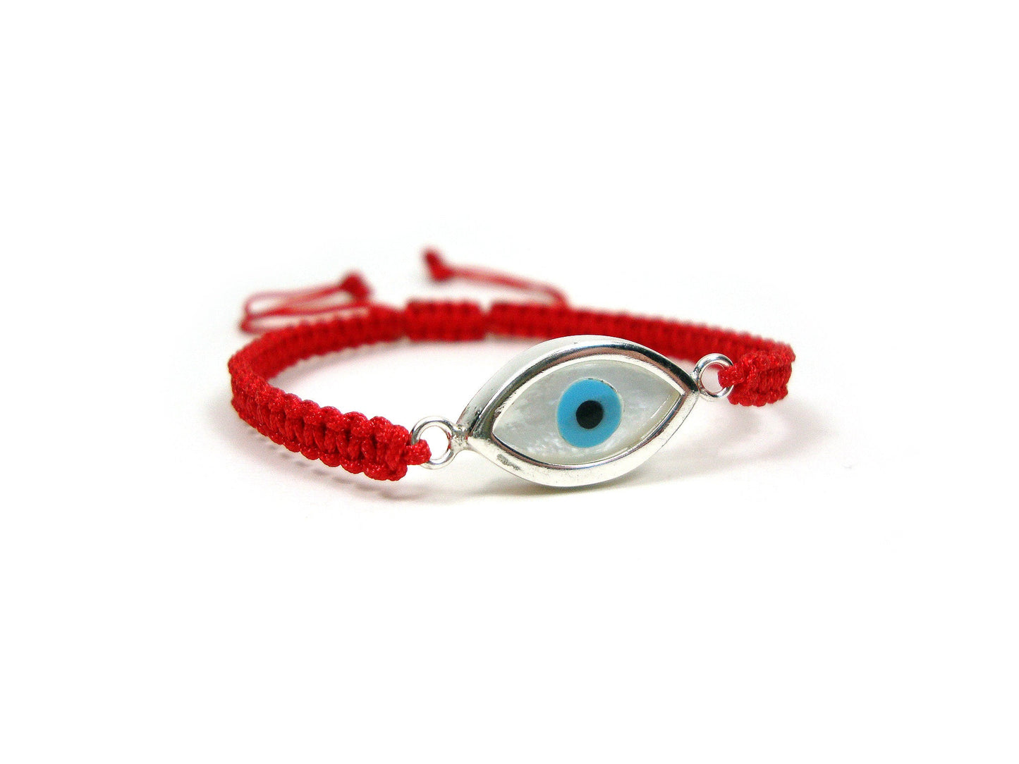 Sterling Silver 925 Greek Evil Eye Shape Good Luck 10mm Handmade Adjustable Macrame Red Bracelet , Griechisches Armband, Bijoux Grecque
