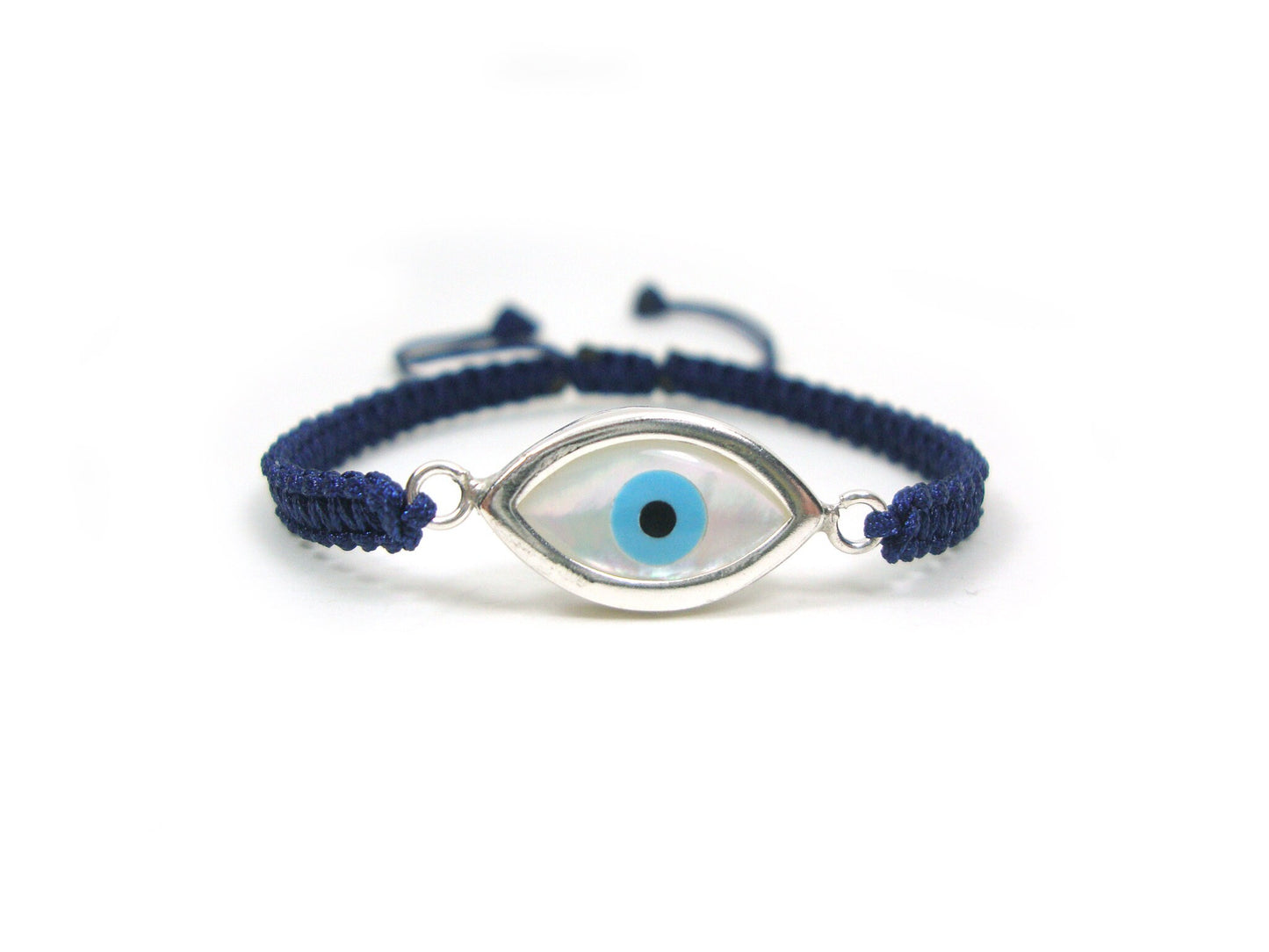 Sterling Silver 925 Greek Evil Eye Shape Good Luck 10mm Handmade Adjustable Macrame Blue Bracelet , Griechisches Armband, Bijoux Grecque