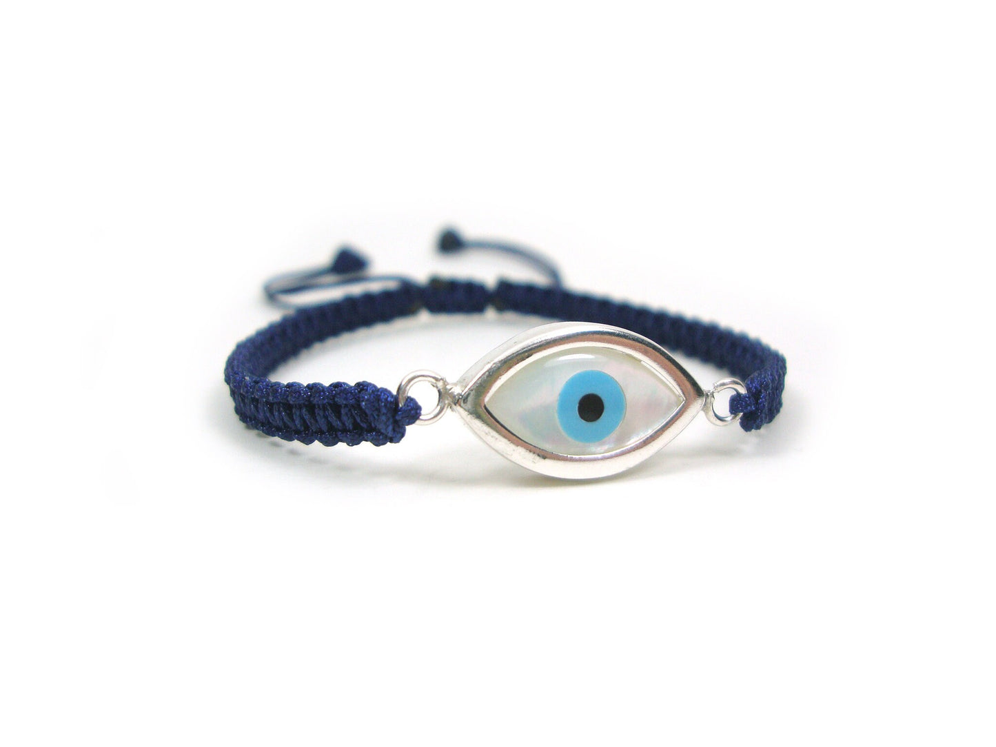 Sterling Silver 925 Greek Evil Eye Shape Good Luck 10mm Handmade Adjustable Macrame Blue Bracelet , Griechisches Armband, Bijoux Grecque