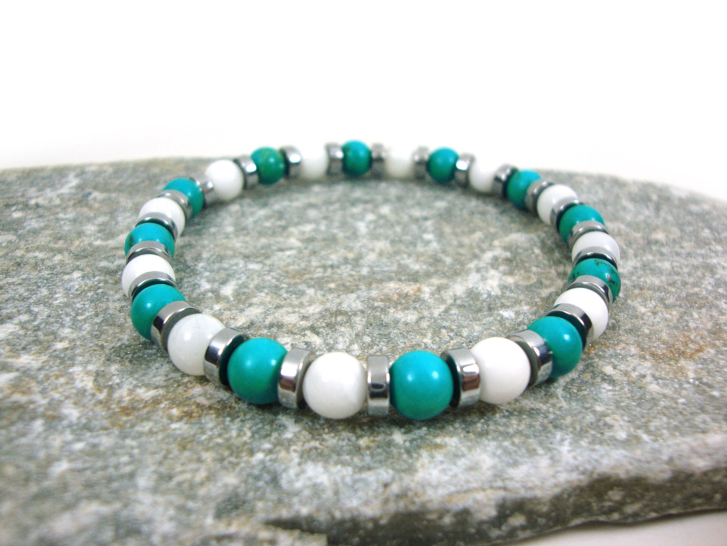Natural Stones 6 mm Magnesite Onyx Bracelet, Natural Blue Stones Bracelet, Men Women Turquoise Bracelet, White Blue Stones Bracelet,