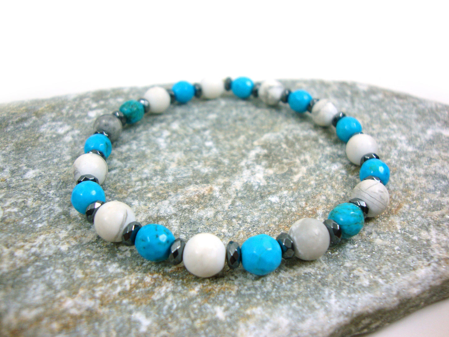 Natural Stones 6 mm Magnesite White Howlite Bracelet, Natural Stones Bracelet, Men Women Unisex Bracelet, White Blue White Stones Bracelet,