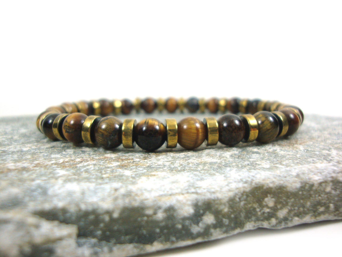Natural Tiger Eye Brown Stones 6mm - Gold Color Hematite Spacers Stretch Bracelet, Tiger Eye Bracelet, Tiger Eye Stones, Men Women Unisex